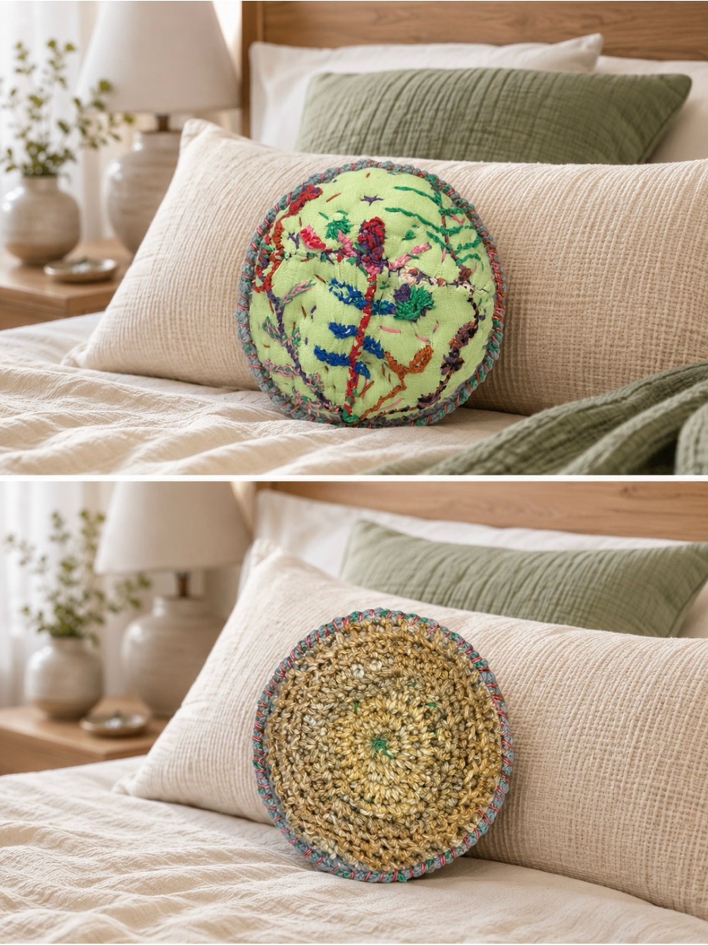 Handmade Embroidered Round Mini Throw Pillow 5” x 5” Small Decorative Cushion